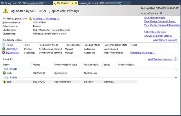Screenshot showing the Always On dashboard report replicas in the Not Synchronizing state.