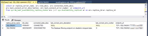 Screenshot that shows a sustained disconnected state because the mirroring endpoint on the primary replica was stopped.