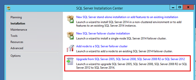 Screenshot of the Upgrade from SQL Server 2005, SQL Server 2008, SQL Server 2008 R2 or SQL Server 2012 option in the Installation Center window.