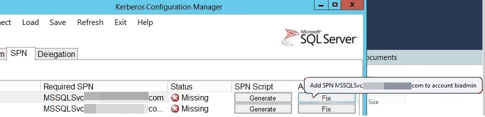 Screenshot of the Fix option to add SPN.