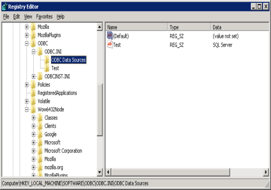 Screenshot shows the ODBC.INI and ODBCINST.INI subkeys.