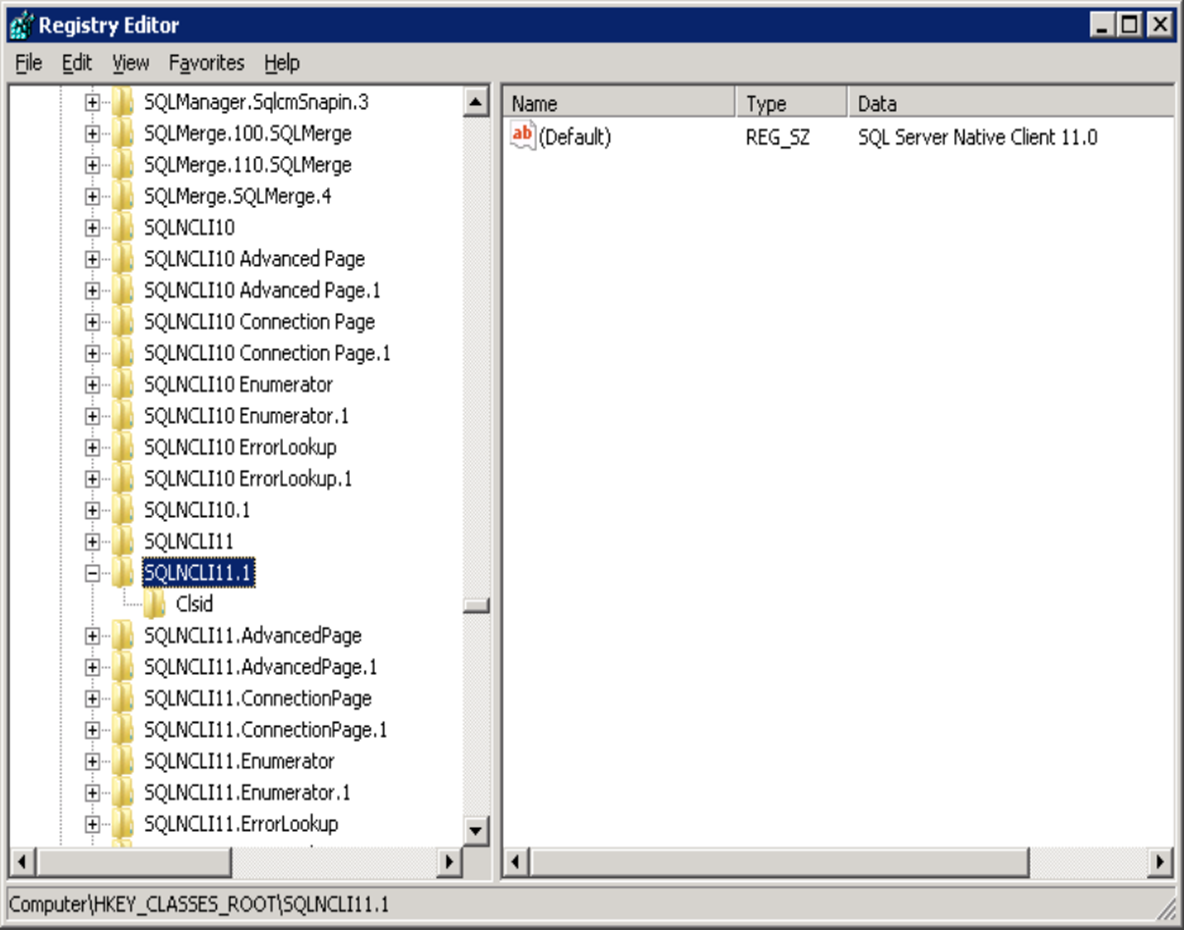 Screenshot shows the mapping between the ProgID SQLNCLI11.1 and the Provider name SQL Server Native Client 11.0.