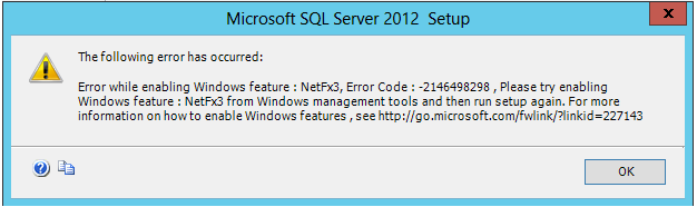 Screenshot of the SQL Server 2012 setup error message: Error while enabling Windows feature.
