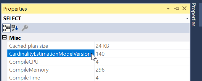 Find CE model version from the execution plan Properties window.