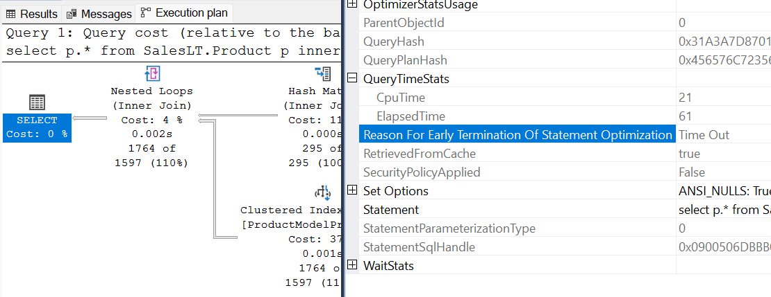 Screenshot that shows the optimizer timeout in query plan in SSMS.