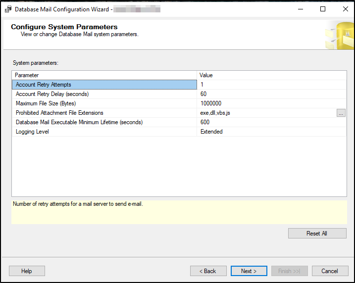 Screenshot of configure system parameters in Database mail Configuration Wizard.