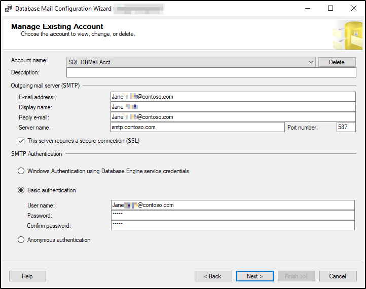 Screenshot of manage existing account in Database mail Configuration Wizard.