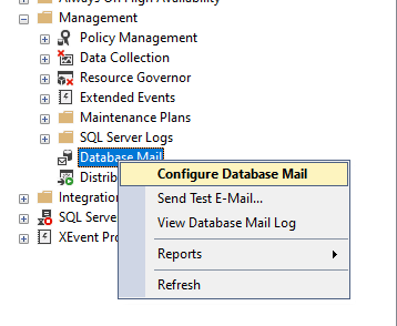 Screenshot of the configure Database Mail log item in Database Mail menu.