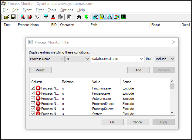 Screenshot of the procmon tool that shows database.exe is filtered.