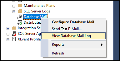 Screenshot of the View Database Mail log item in Database Mail menu.