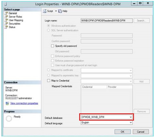 Set the Default database field to the DPMDB name in the Login Properties window.