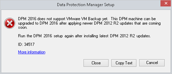 Screenshot of the error when you try to upgrade to System Center 2016 Data Protection Manager.