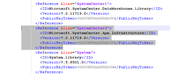 Screenshot of deleting the reference to the Microsoft.SystemCenter.Apm.Infrastructure.