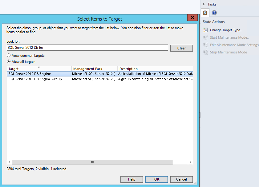 Look for and view all targets in the Select Items to Target dialog box.