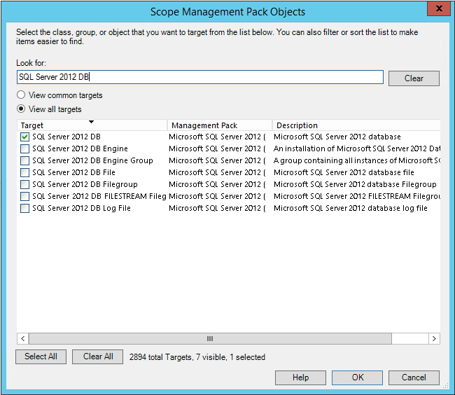 Search target in the Scope Management Pack Objects dialog box.