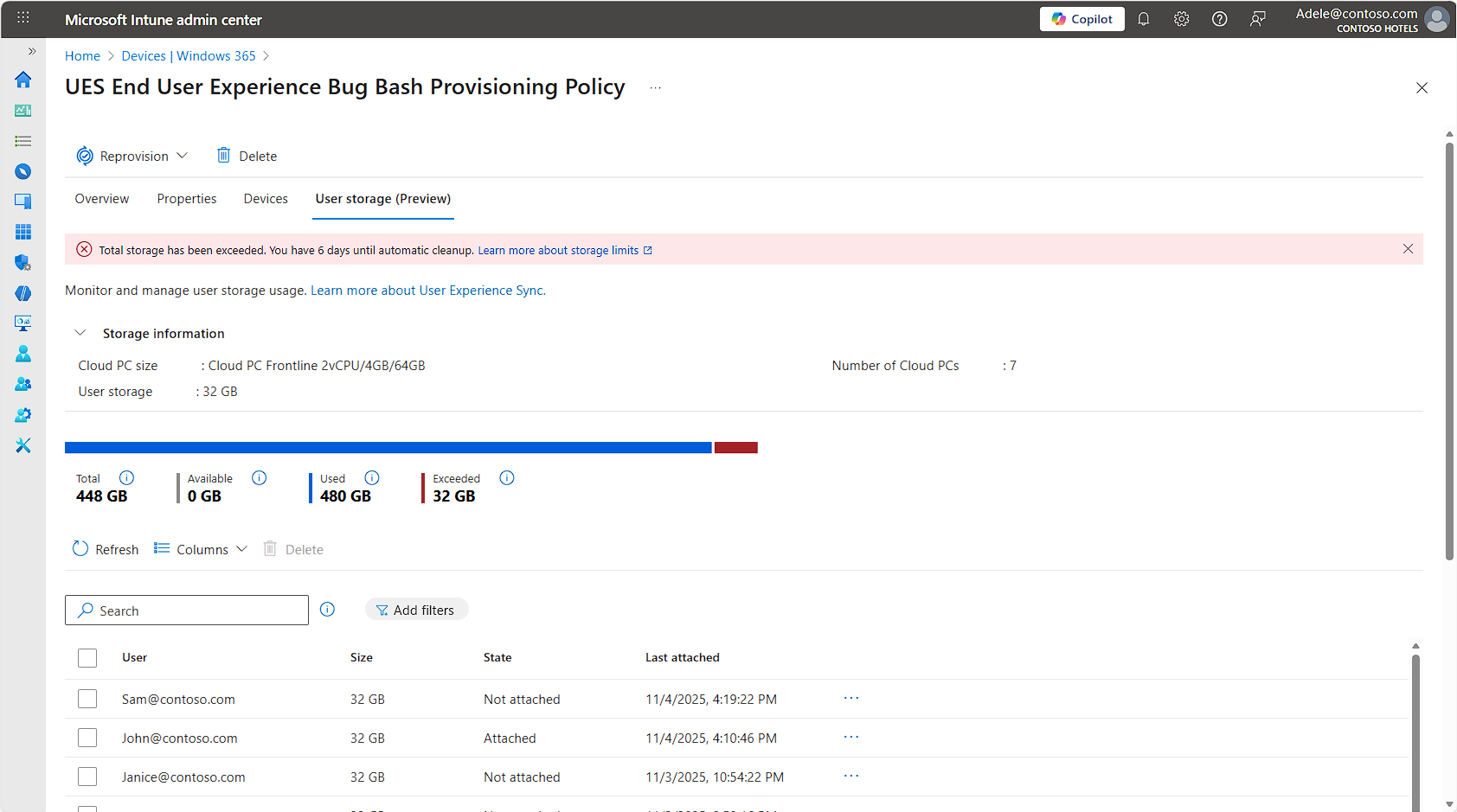 Figure 3: Pooled user storage that has exceeded the policy limit