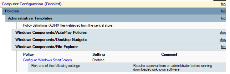 Screenshot shows the Configure Windows SmartScreen policy is enabled and there is a Pick one of the following settings box with 1 item under this policy.