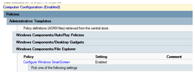 Screenshot shows the Configure Windows SmartScreen policy is enabled and there is a Pick one of the following settings box under this policy.