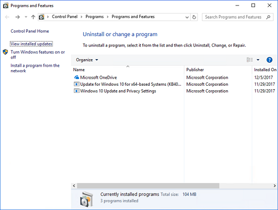 Screenshot of the View installed updates page in Programs and Features.