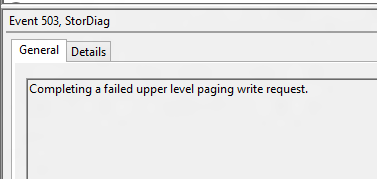 Screenshot of the General tab of Event 503, StorDiag.