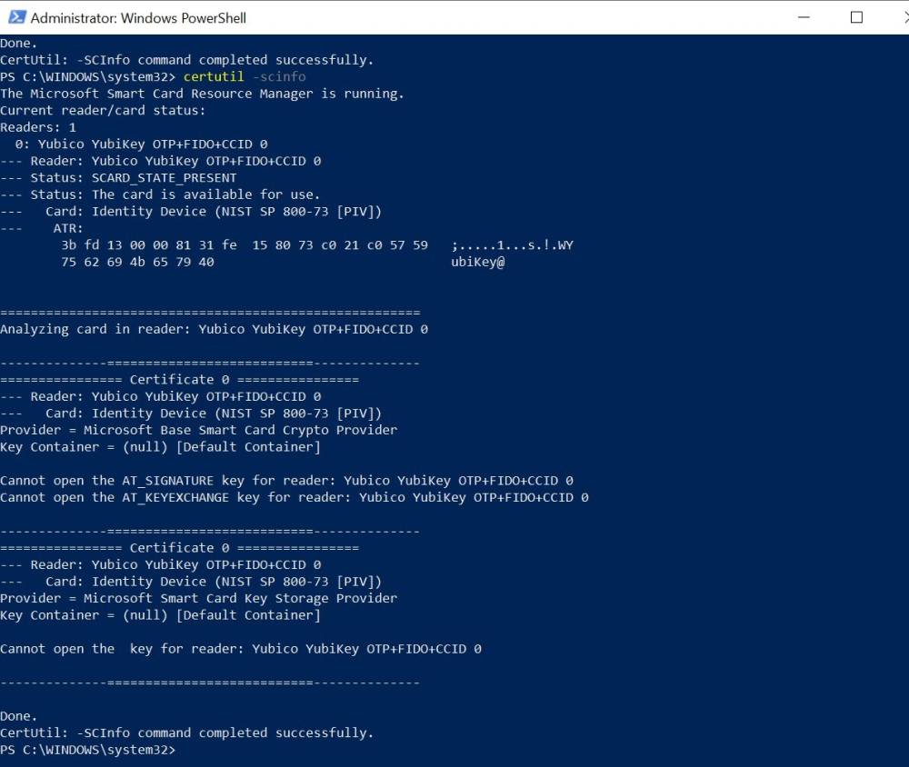 Screenshot of the output of certutil -scinfo command, which indicates there is a PIV Smart Card driver problem.