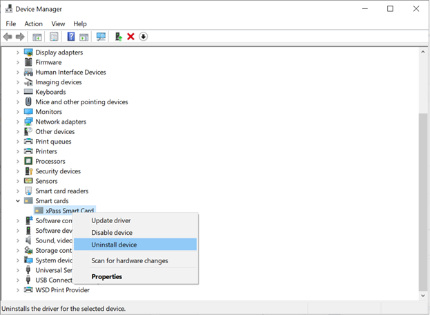 Screenshot of the Uninstall device option of xPass Smard Card item in Device Manager.