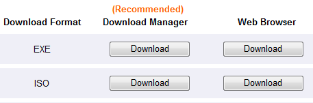 Screenshot of the Download Manager and the Web Browser option for EXE or ISO download format.
