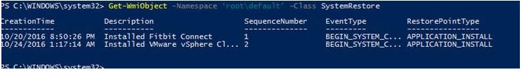 Screenshot of the output of the querying System Restore command in Windows PowerShell.
