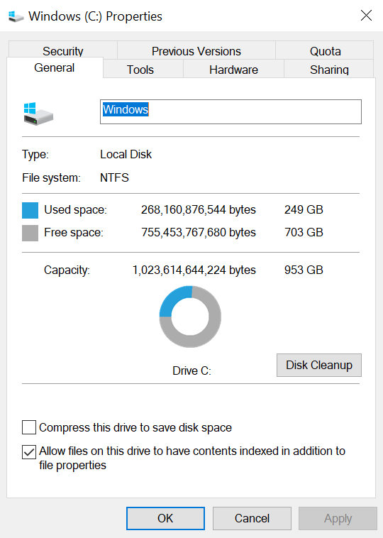Screenshot of the system drive properties with the disk cleanup option on the general tab.