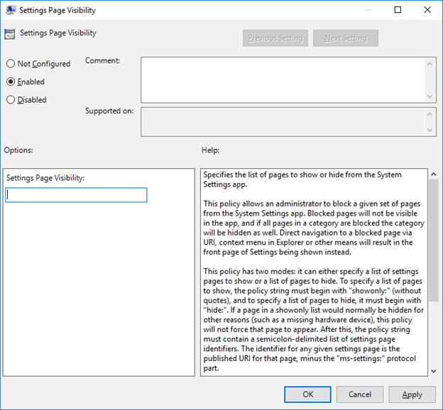 Screenshot of the Enabled option in the Settings Page Visibility policy setting page.