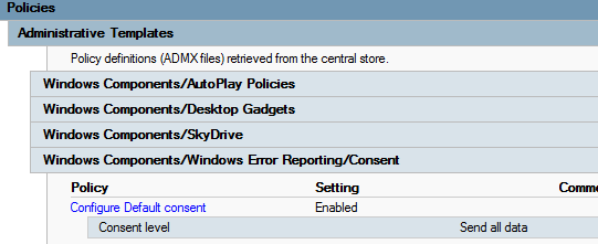 Screenshot shows the Turn off the Configure Default consent policy is enabled. The box under this policy shows that Consent level is Send all data.