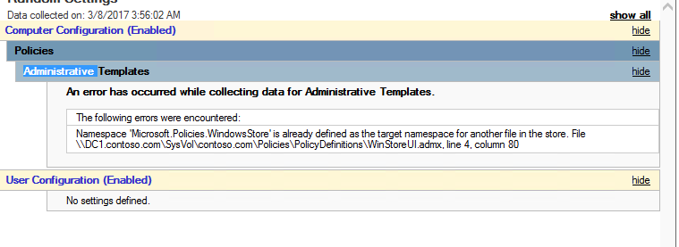 Screenshot shows a namespace error has occurred while collecting data for Administrative Templates. 
