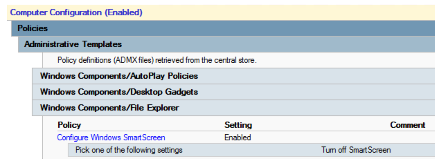 Screenshot shows the Configure Windows SmartScreen policy is enabled. Turn off SmartScreen is listed under the Pick one of the following settings box.