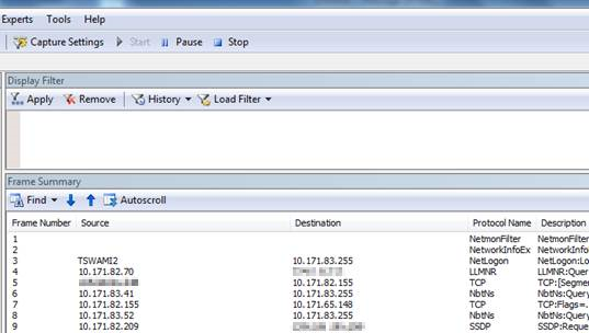 Screenshot of the Frame summary of network packets.