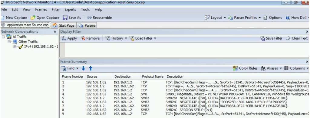 Screenshot of packets on source side in Network Monitor.