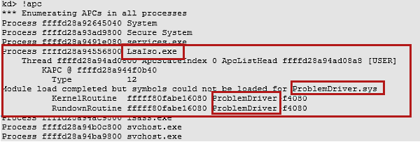 Screenshot of the output of the !apc command. In this example, a driver that is named ProblemDriver.sys is listed under LsaIso.exe.