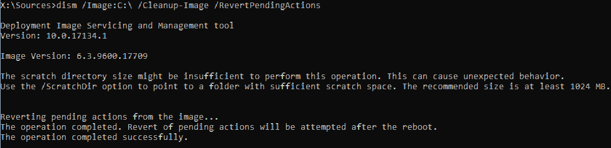 Screenshot of Dism output revert pending.