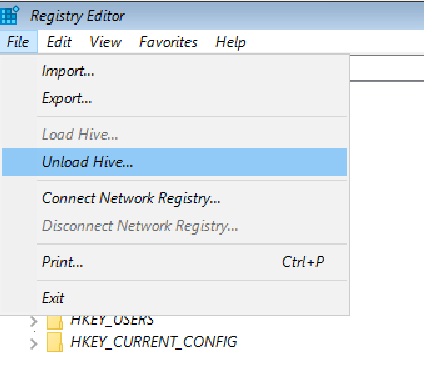 Screenshot of Registry Editor with the Unload Hive option selected.