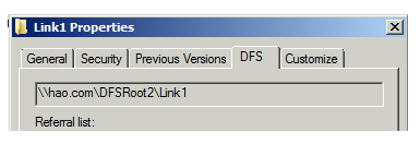 Screenshot of the DFS tab in the shared folder properties window.