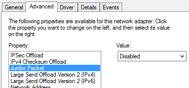 Screenshot of the Jumbo Packet settings in the Advanced tab of the network adapter properties.