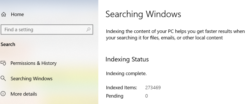 Screenshot of the Indexing Status value in the Searching Windows page of Settings.