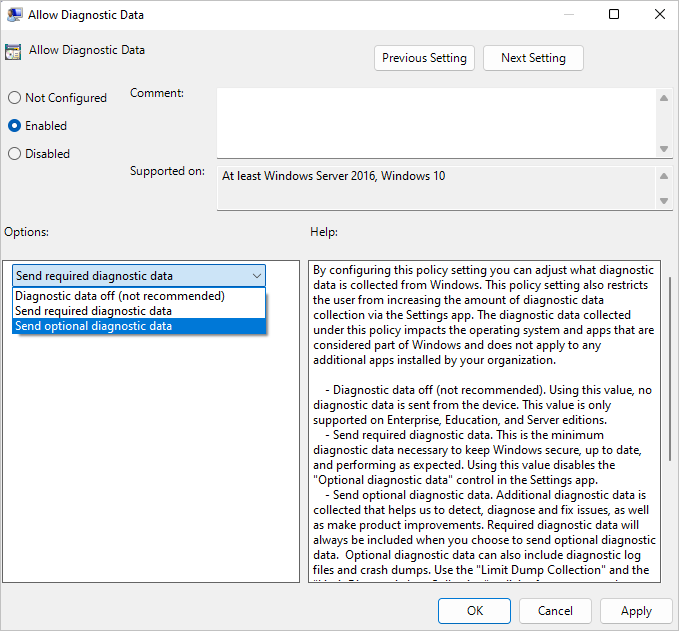 Screenshot of the Allow Diagnostic Data window with the Send optional diagnostic data option selected.