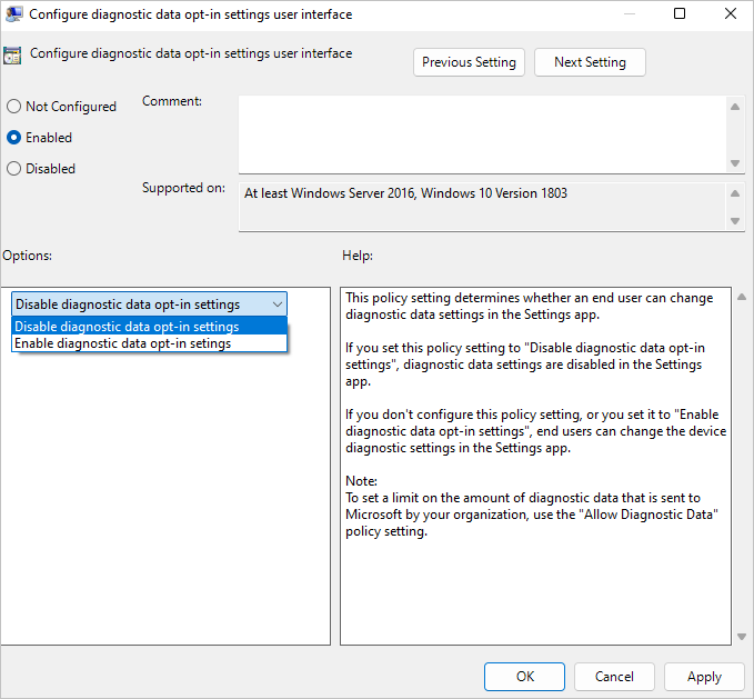 Screenshot of the Configure diagnostic data opt-in settings user interface window with Enabled selected.