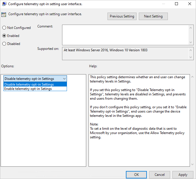 Screenshot of the Configure telemetry opt-in setting user interface window with the Disable telemetry opt-in Settings option selected.