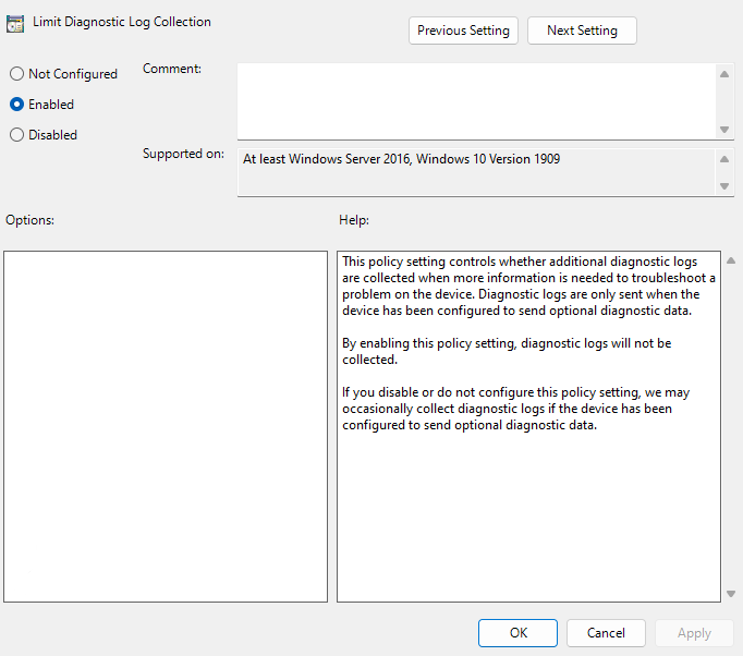 Screenshot of the Limit Diagnostic Log Collection window with Enabled selected.