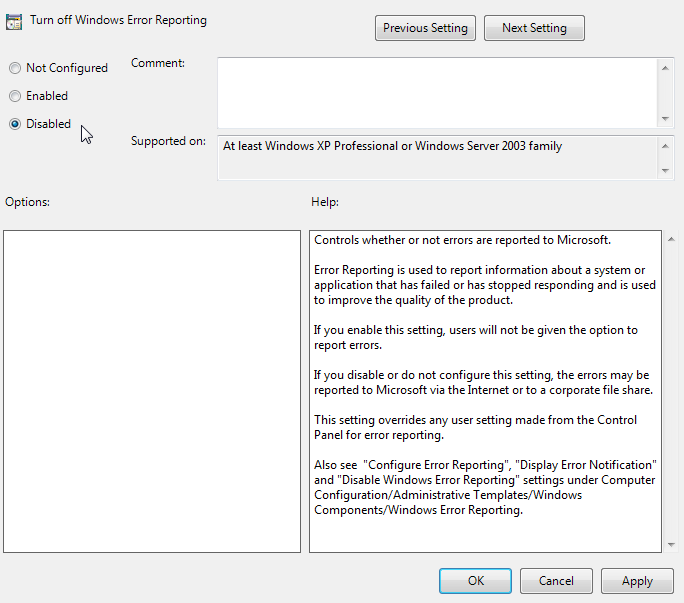 Screenshot of the Turn off Windows Error Reporting window with Disabled selected.