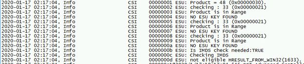 Screenshot of an example CBS log entries, which contains ESU: NO ESU KEY FOUND.