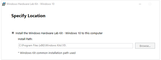 Screenshot of the Specify Location page of the Windows Hardware Lab Kit installation wizard.