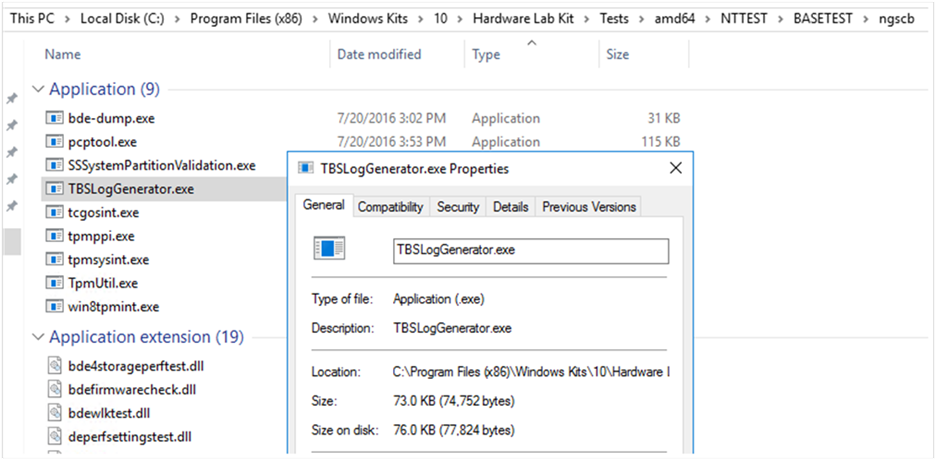 Screenshot of the properties and location of the TBSLogGenerator.exe file.