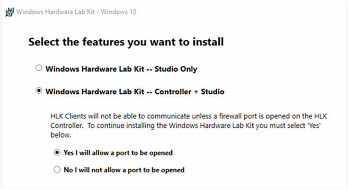 Screenshot of the Select features page of the Windows Hardware Lab Kit installation wizard.